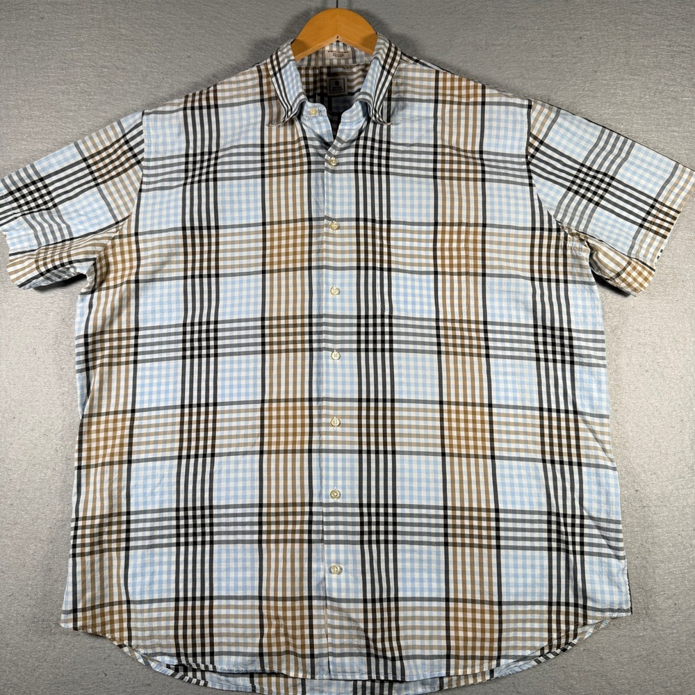 Peter Millar Mens Short Sleeve Plaid Button Down Shirt Blue Brown Black 2XL